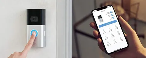 Finger pushing the Ring Video Doorbell 3 (left) and the associated app (right)